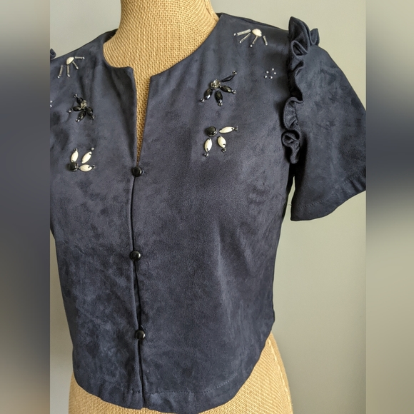 Navy blue suede beaded bolero top - Picture 2 of 4